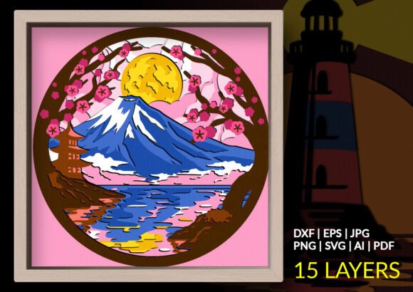 Download Mount Fuji Cherry Blossom Shadow Box SVG - Premium Resources